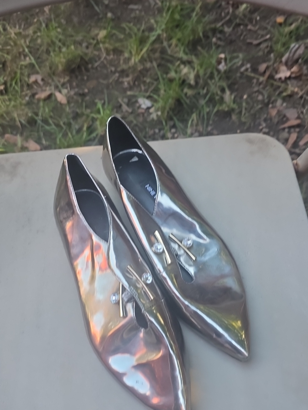 Nine West Iridescent Pointed Toe Slip-On Flats with Jewel Accent - Silver